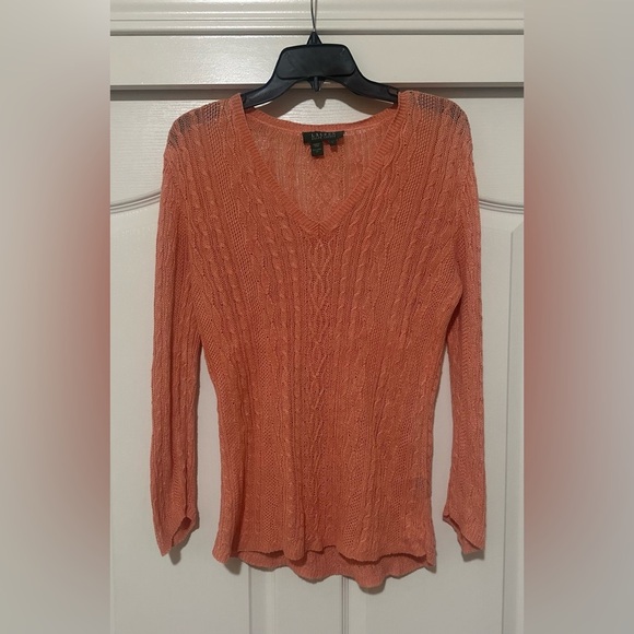 Women’s Lauren Ralph Lauren Light Orange 100% Linen V Neck Sweater.‎ Size Large. - Picture 3 of 6